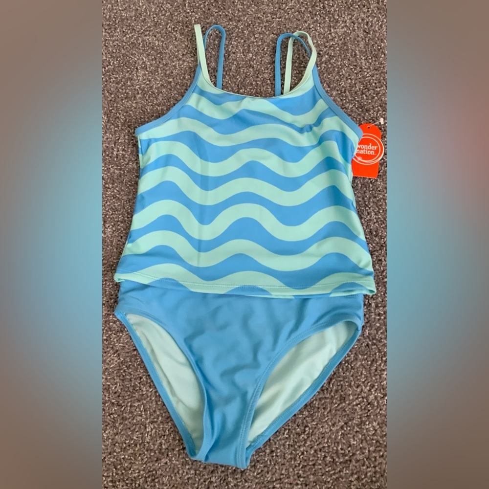 Wonder Nation Blue and Green One Piece Swimwear with Wave Pattern